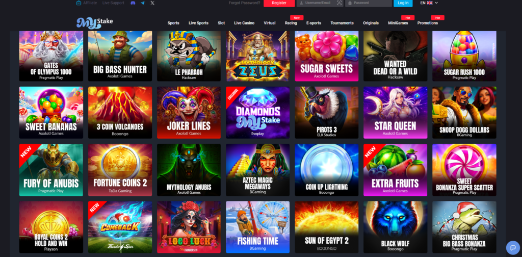MyStake casino lobby showing casino, live dealer and sportsbook navigation