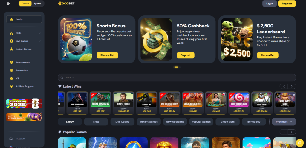 CocoBet casino lobby with game grid and deposit options