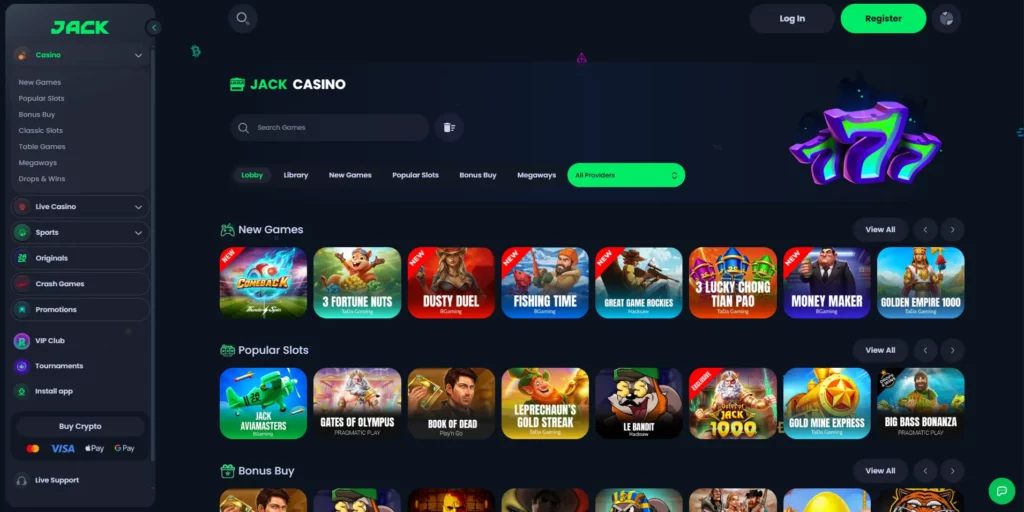 JACK casino homepage showing sportsbook and casino lobby